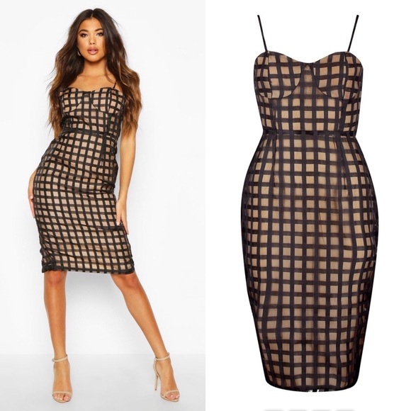🆕 BLACK TAN CHECK MESH CUPPED MIDI DRESS! - Picture 8 of 8